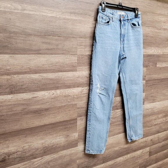 Zara Basic Denim Distressed Straight Tapered Mom High Rise Jeans Womens 2 Blue - Picture 4 of 11